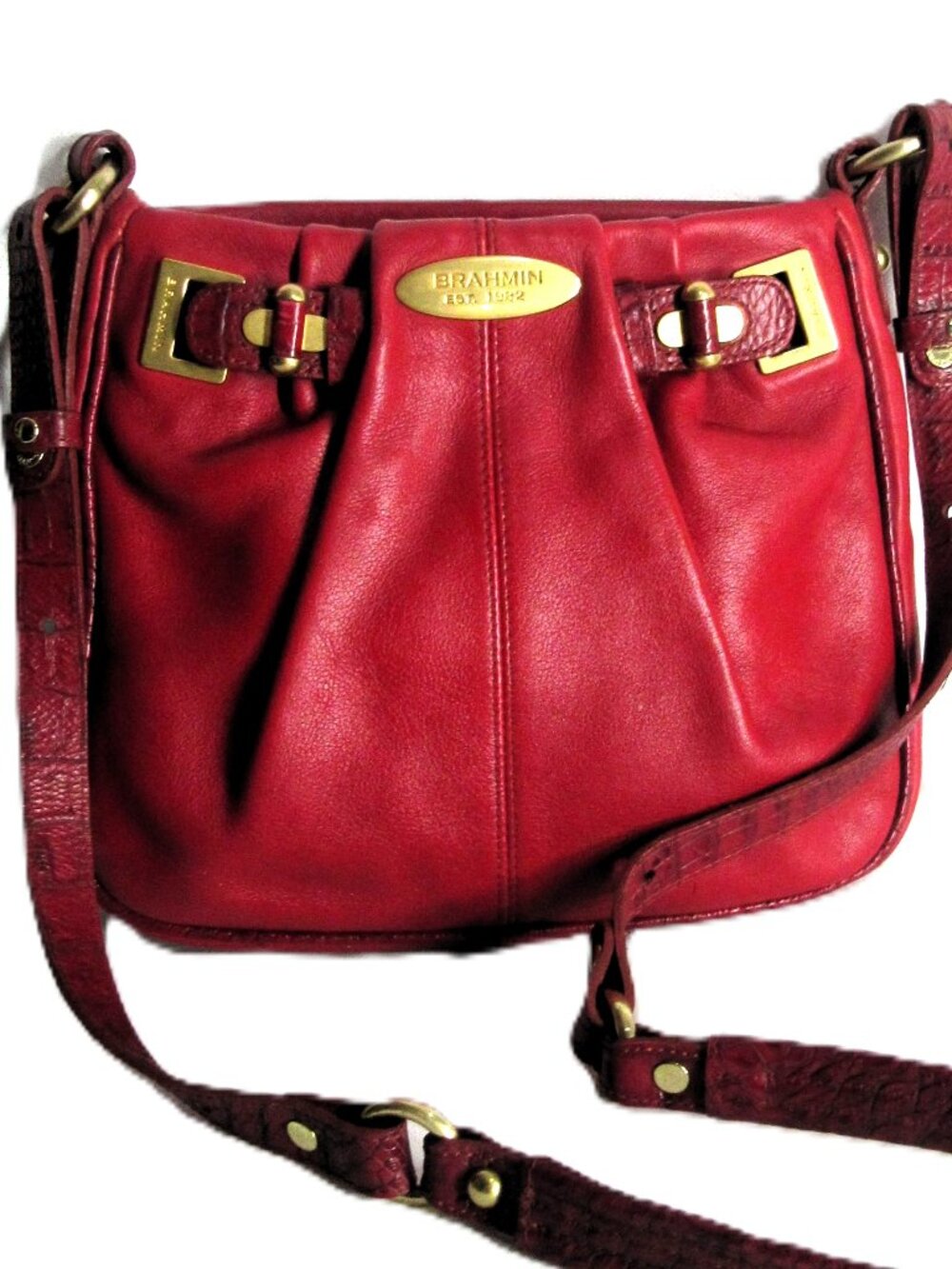 BRAHMIN RED LEATHER PLEAT FRONT SHOULDER BAG CROC EMBOSSED STRAP + PIPING